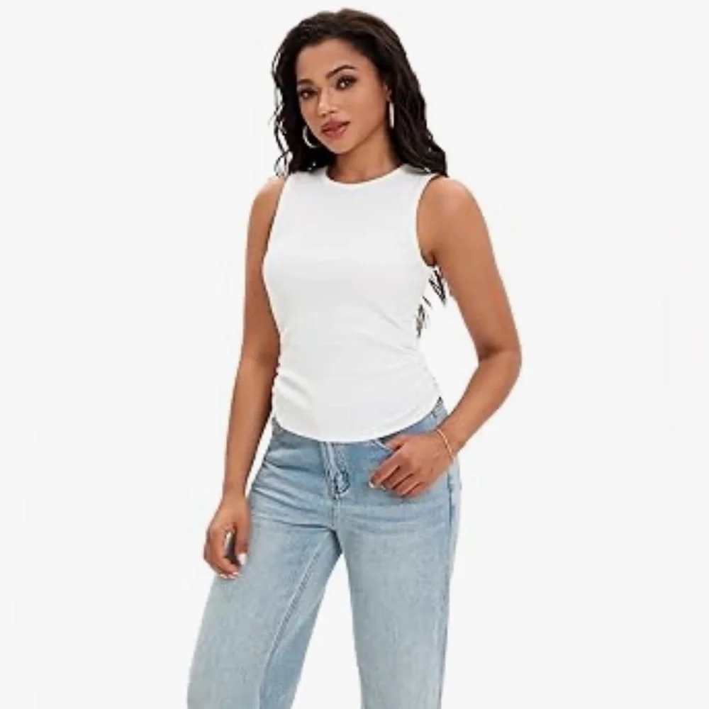 Fun & Casual White Ribbed Sleeveless High Neck Side Ruched Tank Top (S) NWT